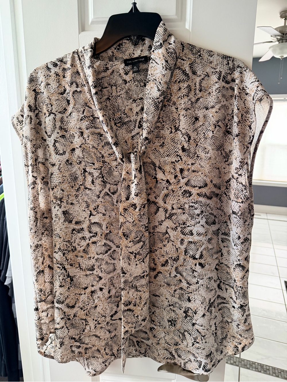The Limited Beige and Black Snake-Print Tie-Neck Blouse